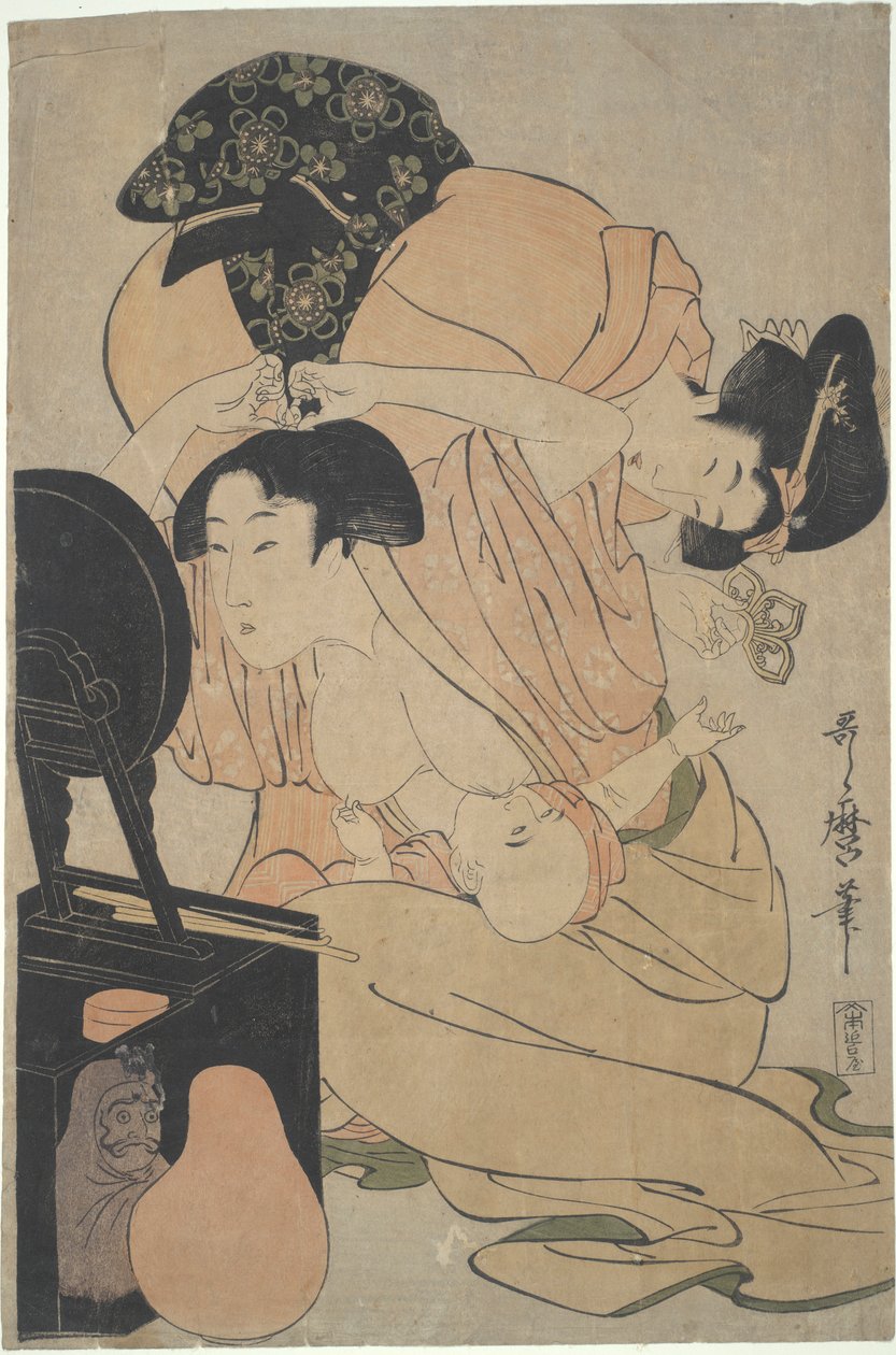 Anya szoptatós babával és kísérőjével alkotó: Kitagawa Utamaro