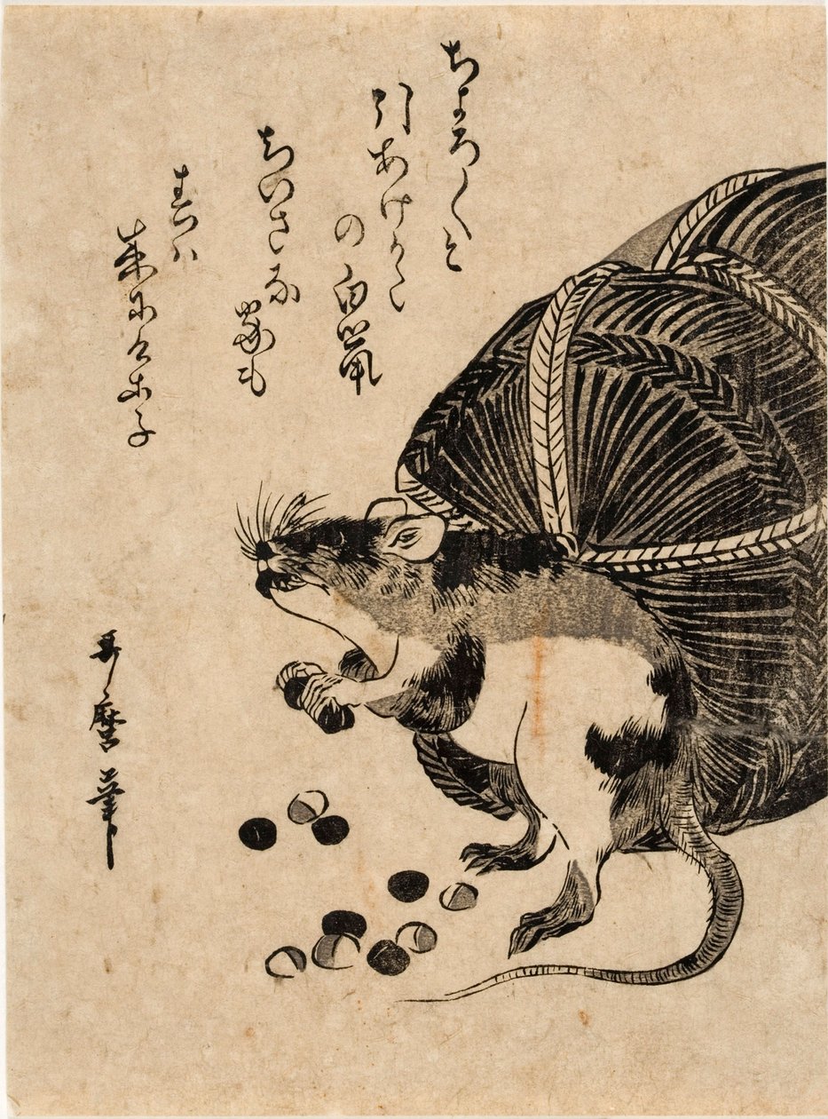 Egér egy zsák rizzsel alkotó: Kitagawa Utamaro