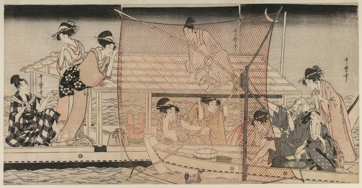 Hálós horgászat éjjel a Sumida folyón, c. 1800. alkotó: Kitagawa Utamaro