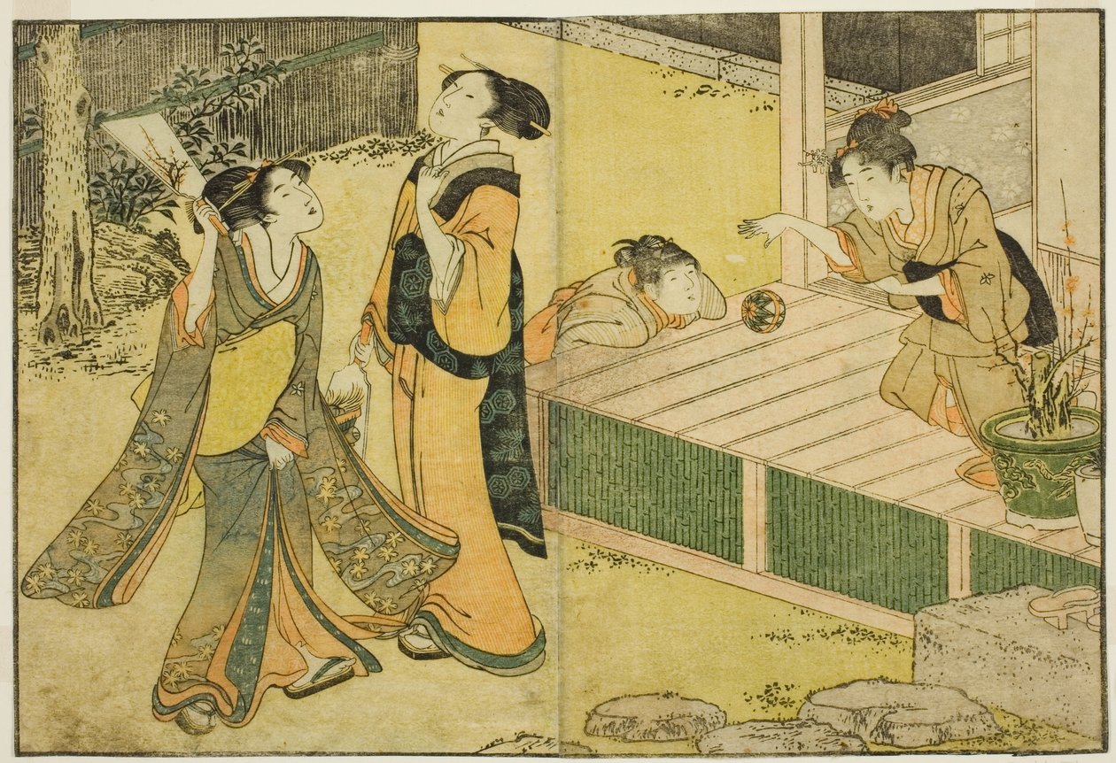 Shuttlecock, Battledore és Hand Ball újévi játékok a "Képeskönyv: A négy évszak virágai (Ehon shiki no hana)" című illusztrált könyvből. 1 alkotó: Kitagawa Utamaro