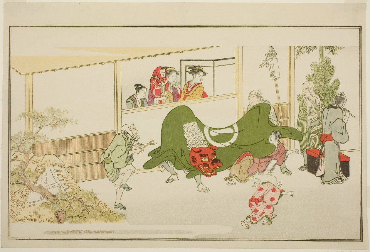 Újévi utcai előadók, a "The Young God Ebisu (Waka Ebisu)" című, illusztrált kyoka antológiából alkotó: Kitagawa Utamaro