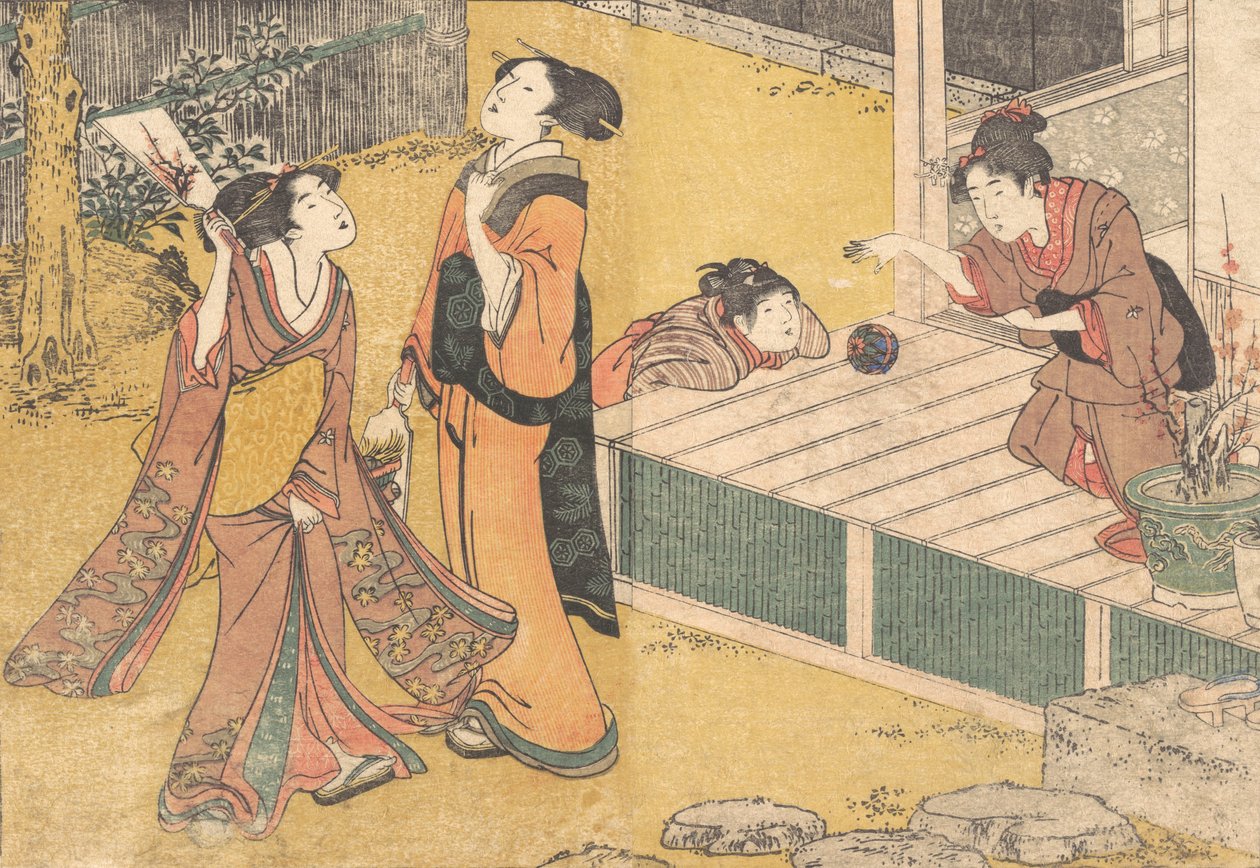 Újévi játékok, a Flowers of the Four Seasons Shiki no hana, 1801 nyomtatott könyvből. alkotó: Kitagawa Utamaro