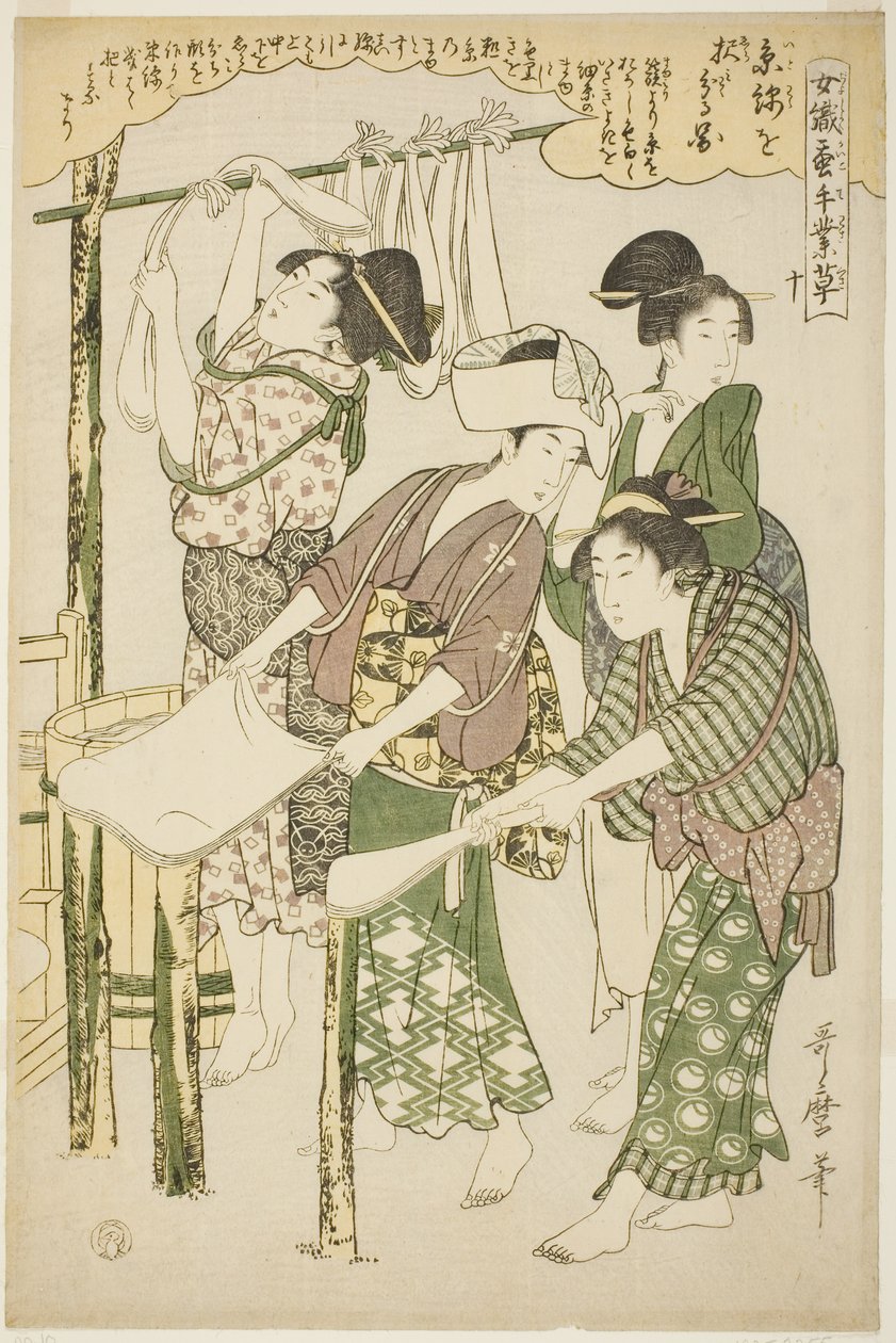 10. szám (ju), a "Nők, akik részt vesznek a sericulture iparágban (Joshoku kaiko tewaza-gusa)" sorozatból alkotó: Kitagawa Utamaro