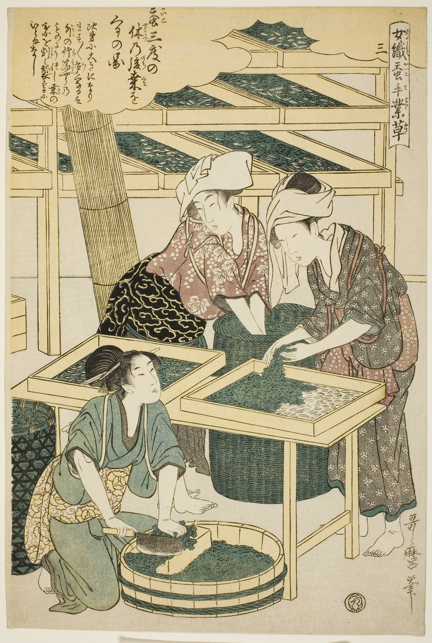 No. 3 (san), a "Nők, akik részt vesznek a sericulture iparágban (Joshoku kaiko tewaza-gusa)" sorozatból alkotó: Kitagawa Utamaro