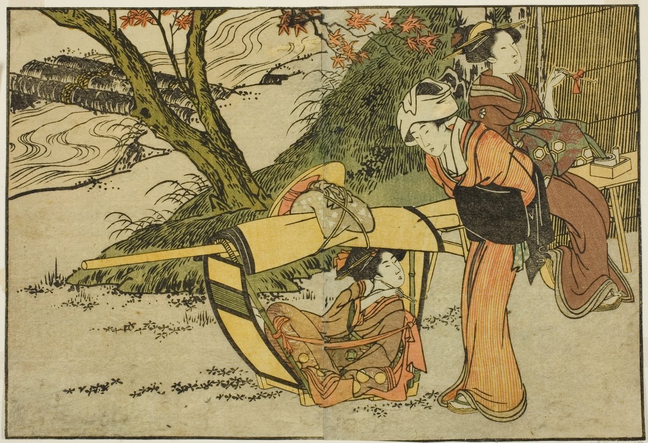 Kirándulás a juharok megtekintésére ősszel, a "Képeskönyv: A négy évszak virágai (Ehon shiki no hana)" című illusztrált könyvből. 2 alkotó: Kitagawa Utamaro