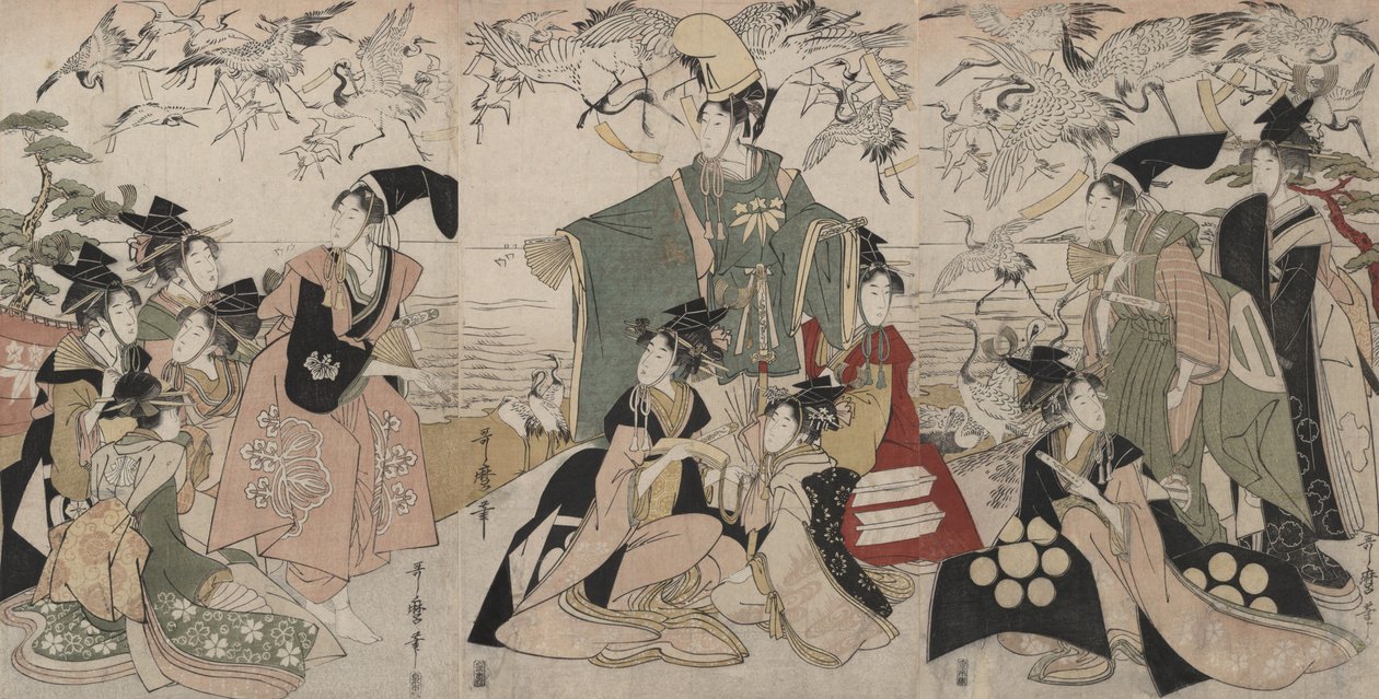 Yoritomo darvakat szabadon engedő alakjának paródiája (Mitate Yoritomo hōkaku) alkotó: Kitagawa Utamaro