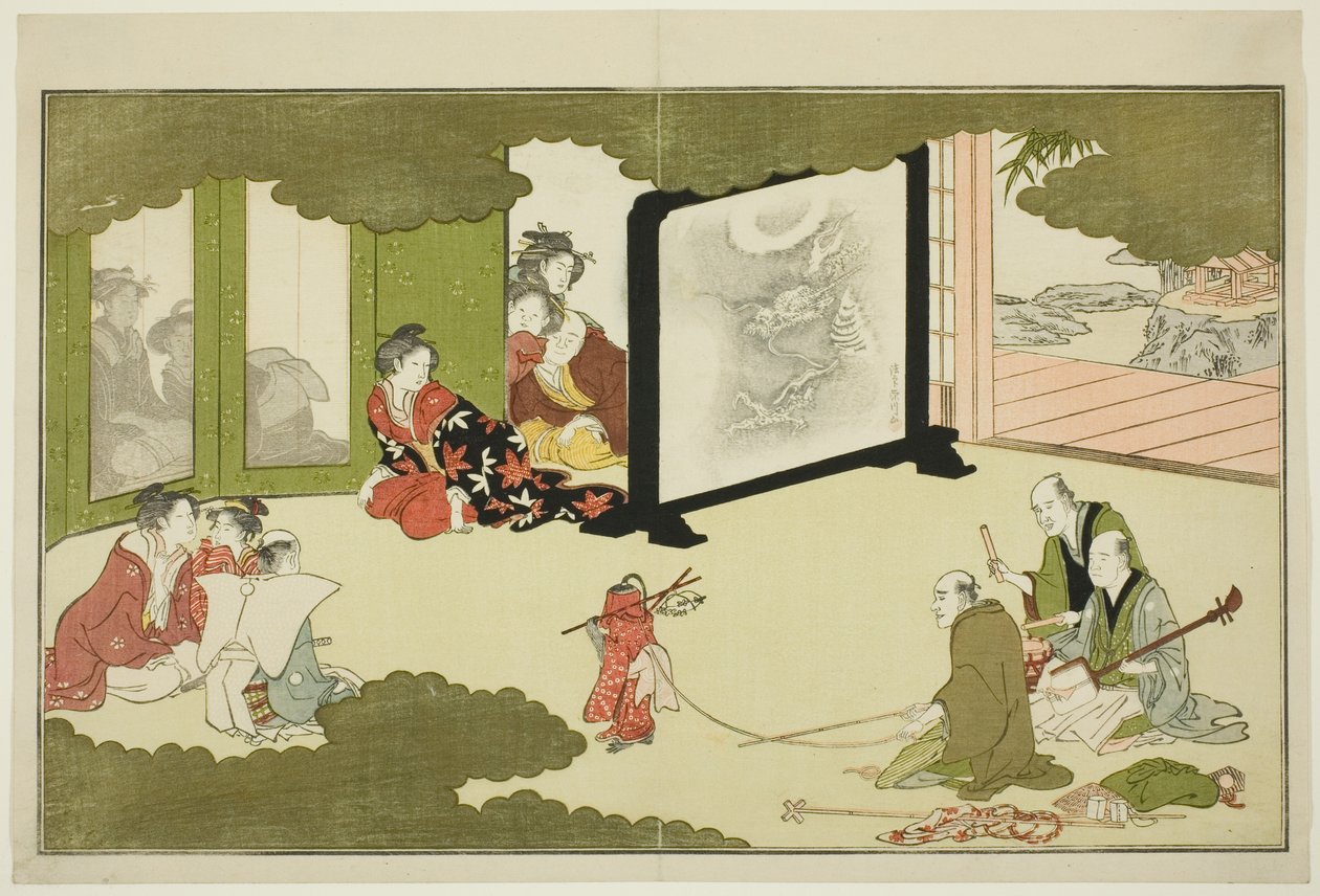 Egy betanított majom előadása a "The Young God Ebisu (Waka Ebisu)" című illusztrált verses antológiából alkotó: Kitagawa Utamaro
