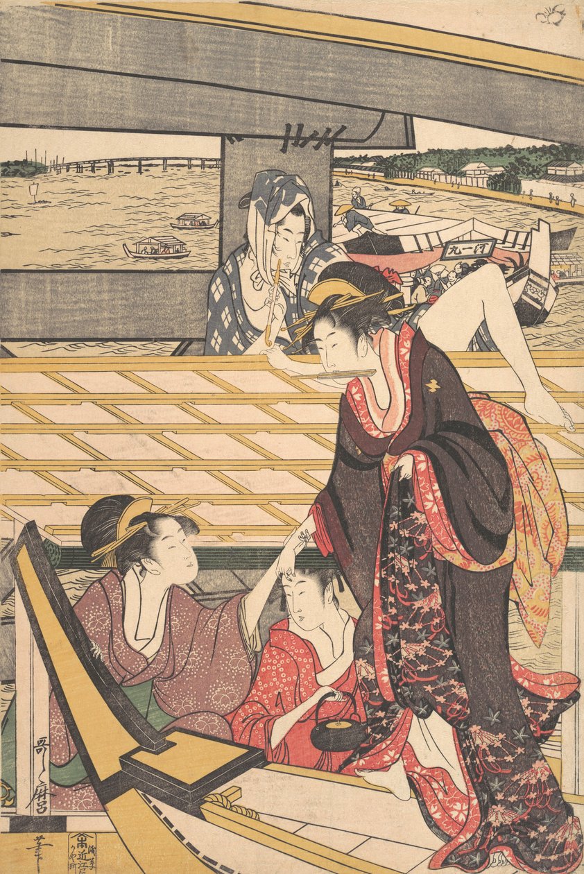 Örömpartik csónakokban a Sumida folyón a Ryogoku híd alatt, kb. 1796. alkotó: Kitagawa Utamaro