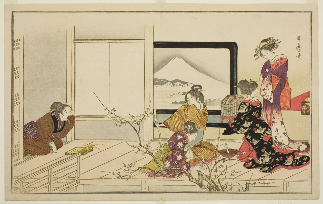 Ételkészítés a fülemüle számára, a "Férfiak taposó tánca (Otoko toka)" című, illusztrált kyoka-antológiából. alkotó: Kitagawa Utamaro