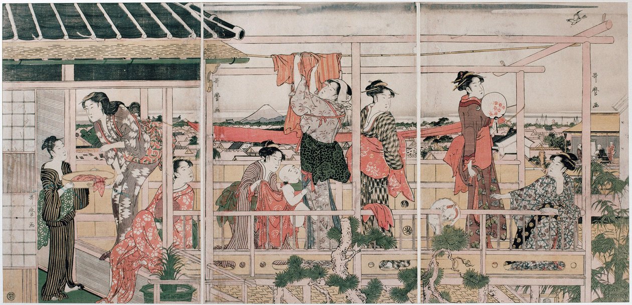 Sechage des vetements - Drying Clothes par Utamaro, Kitagawa (1753-1806), c. 1790 - Színes fametszet, 37,3x75,8 - Magángyűjtemény alkotó: Kitagawa Utamaro