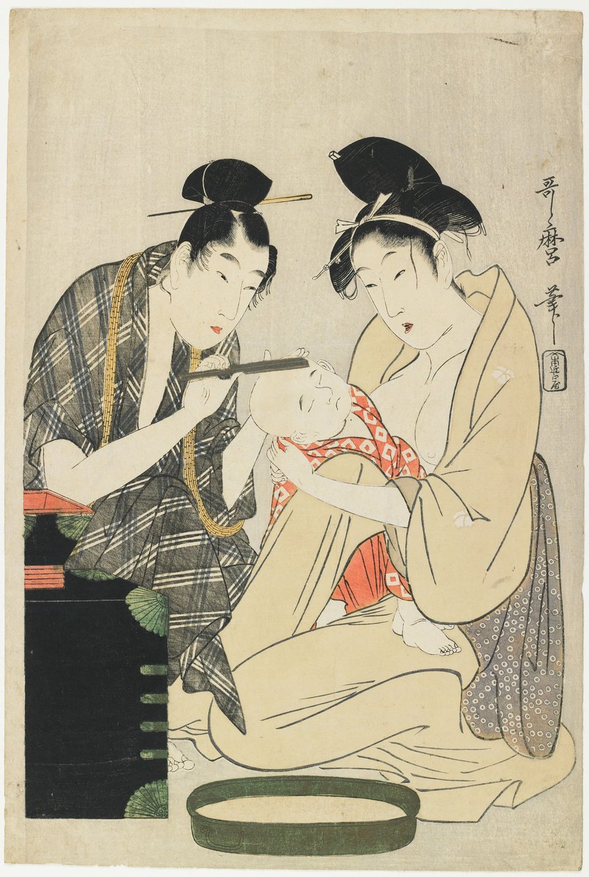Fiúfej borotválkozása, Edo-korszak, 1801 körül (színes fanyomat) alkotó: Kitagawa Utamaro