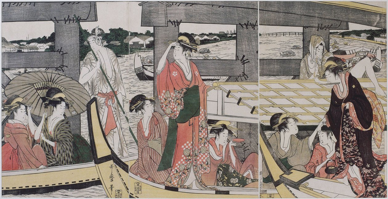 Sur et sous le pont de Ryogoku (Tokió) – A Ryogoku-híd tetején és alatta, Utamaro, Kitagawa (1753-1806), c. 1796 - Színes fametszet, 38,2x74,6 - Magángyűjtemény alkotó: Kitagawa Utamaro