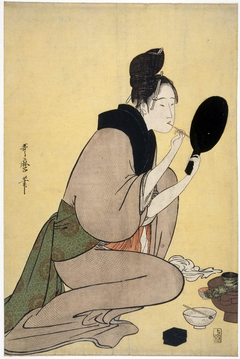 A szépségről: ajkát alkotó nő - Bijin-ga. Utamaro, Kitagawa (1753-1806) lány sminkelte az ajkát - Színes fametszet, 37,7x25,2 - Magángyűjtemény alkotó: Kitagawa Utamaro