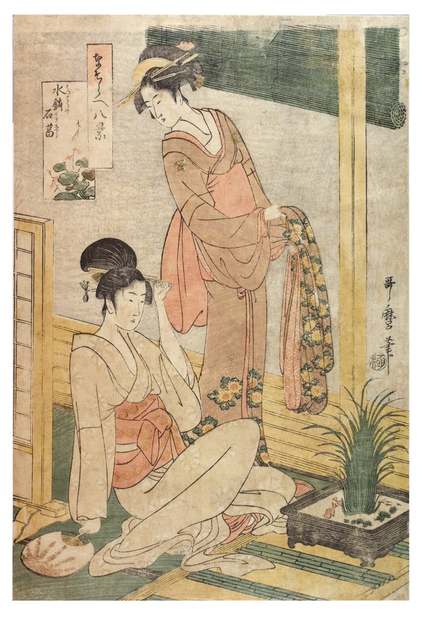 Édeszászló és sziklák a vízmedencében az Imitations of the Eight Views sorozatból, 1797-1798 körül (fatömbnyomat papíron) alkotó: Kitagawa Utamaro