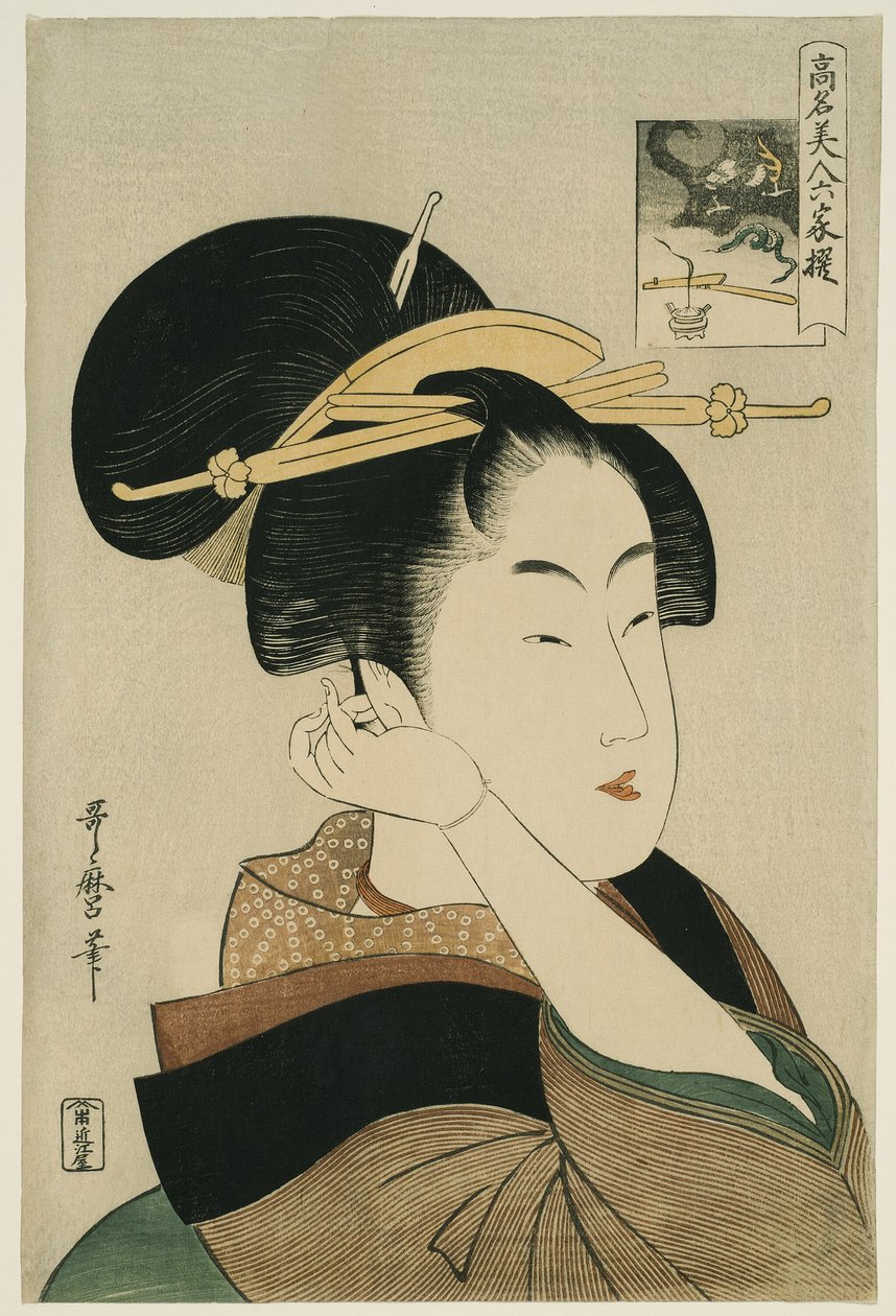 Tatsumi Roko, a „Hat halhatatlan költőhöz hasonlított híres szépségek” (Komei bijin rokkasen) sorozatból alkotó: Kitagawa Utamaro