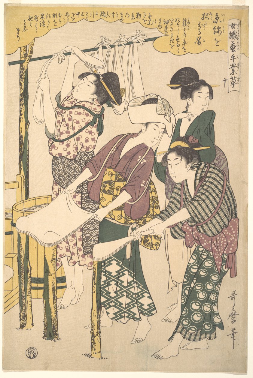 A selyemvatta készítése alkotó: Kitagawa Utamaro