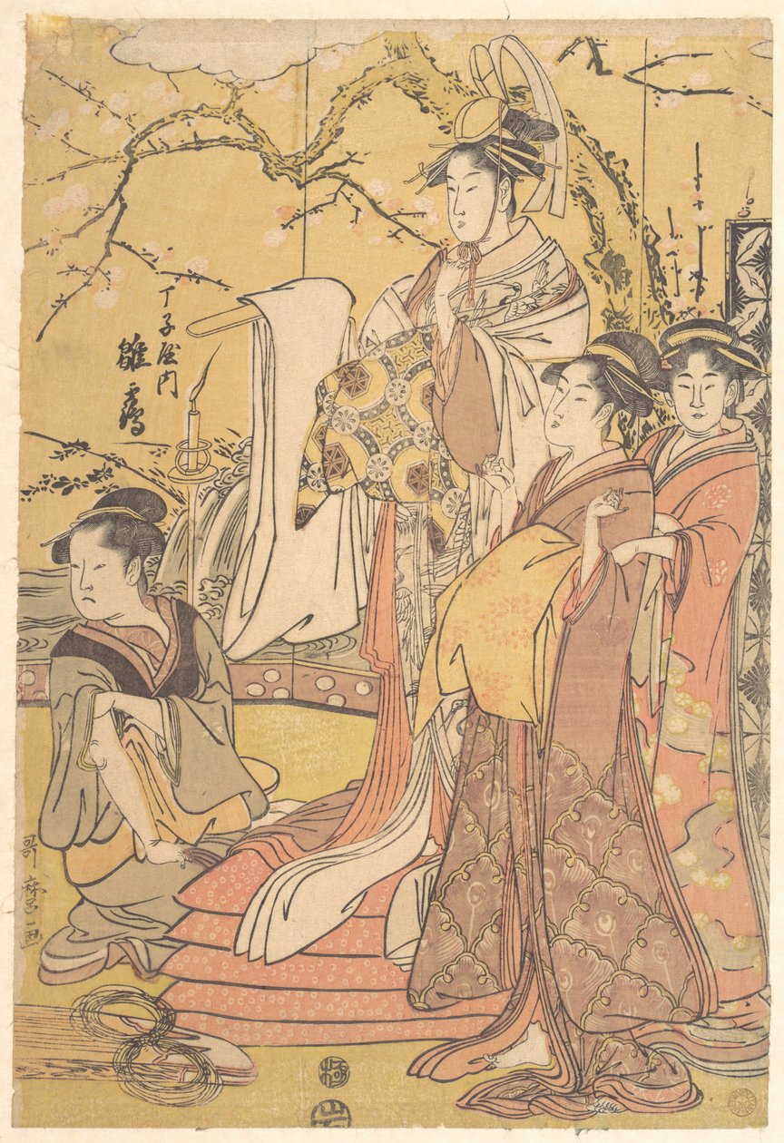 A Chojiya okiyából való Hinazuru oiran egy halom futonon állva alkotó: Kitagawa Utamaro