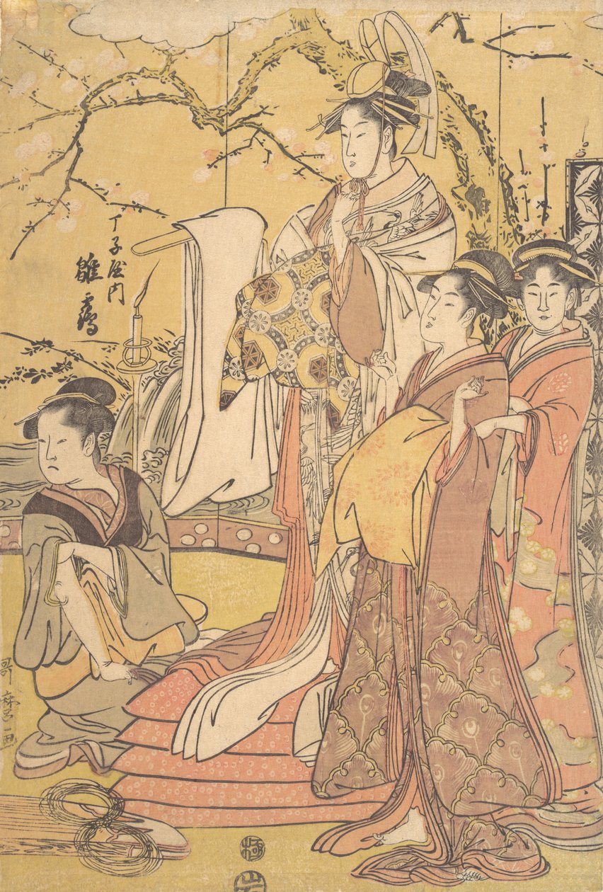 A chojiyai oiráni hinazuru futonhalmon állva, kb. 1794. alkotó: Kitagawa Utamaro
