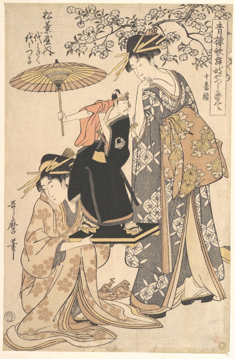 Matsubaya Oiran Yoyogiku egy cseresznyefa alatt állva alkotó: Kitagawa Utamaro