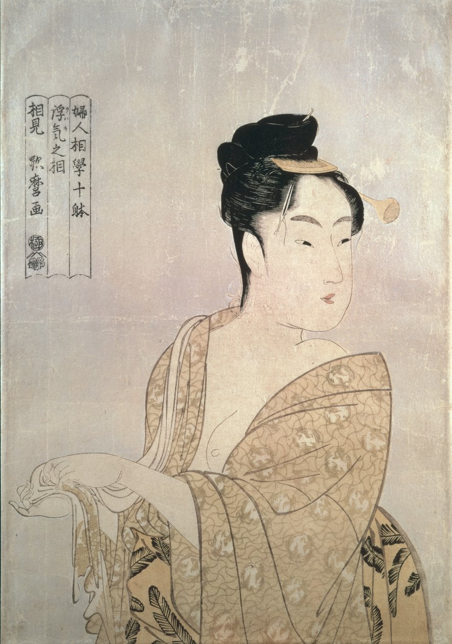 A szenvedélyes típus, a „Tíz tanult női tanulmányból”, 1792-93 (színes fatömbnyomat) alkotó: Kitagawa Utamaro