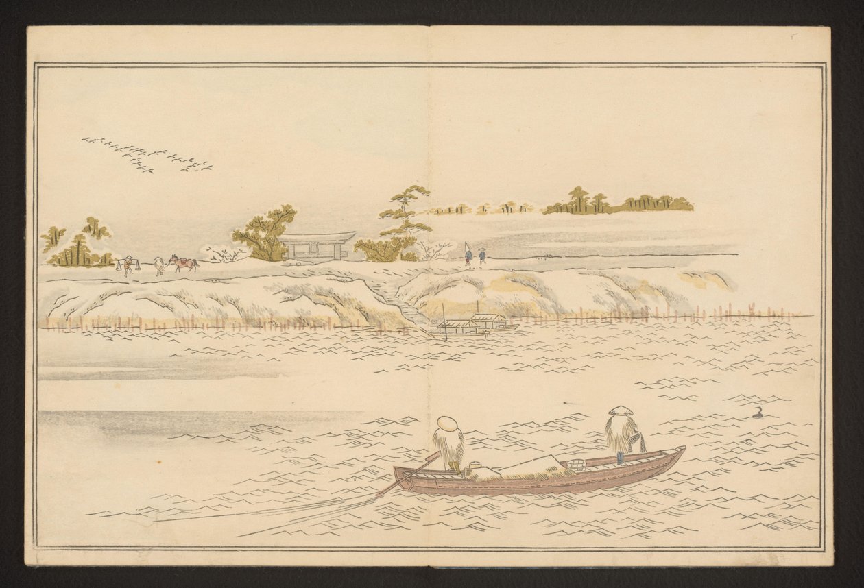 A bankok a Sumida folyó hóban alkotó: Kitagawa Utamaro