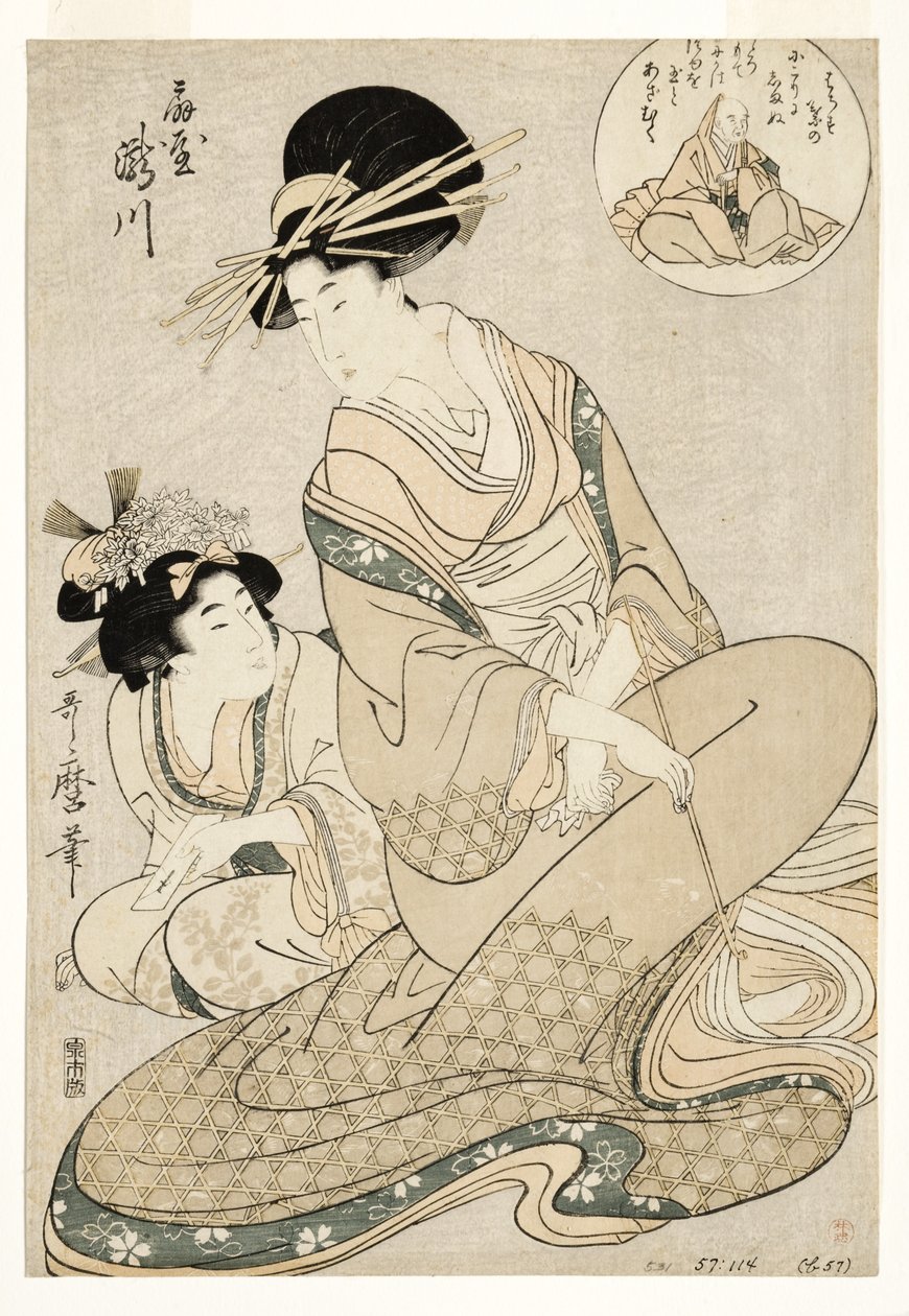 Takigawa udvarhölgy és kísérője az Ogiyából a költőre utalva, 1800-02 (fatömb) alkotó: Kitagawa Utamaro