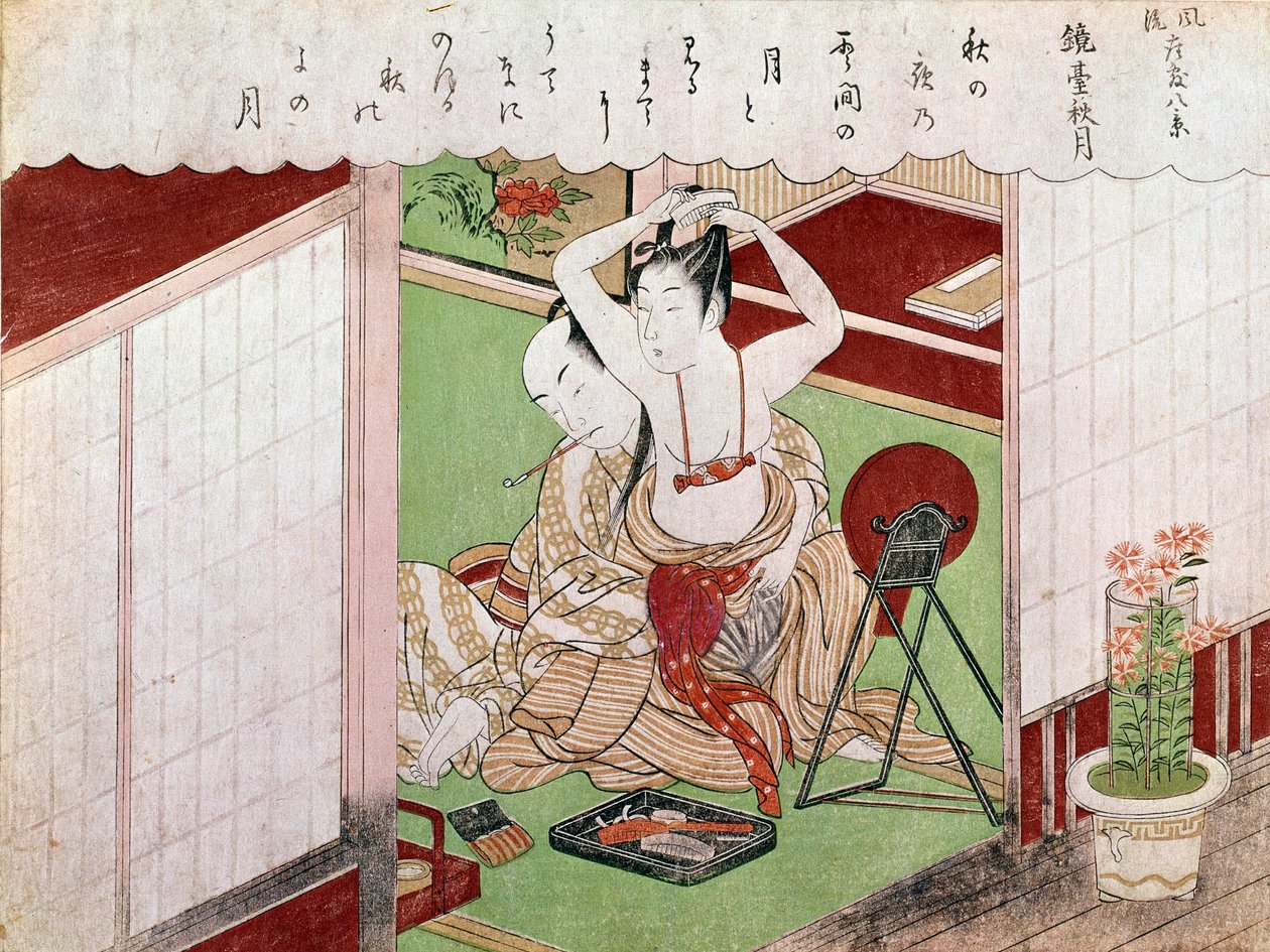 Utamaro Kitagawa (1753-1806) elegáns japán nyomatának vécéje. Nap. 0,38x0,25 m. 1794-1795. Párizs, Guimet Múzeum, Ázsiai Művészeti Nemzeti Múzeum alkotó: Kitagawa Utamaro