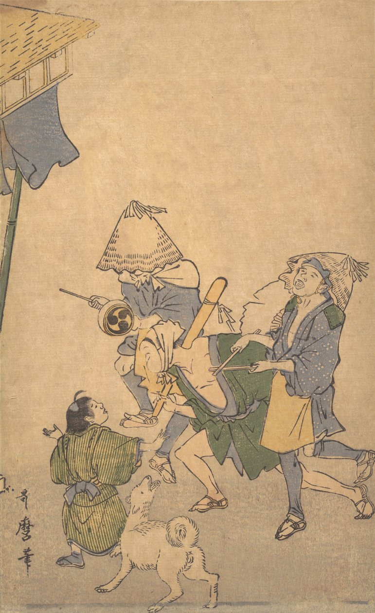 Három alsóbb osztály mulatozója, Komuso kalapban..., 18. század vége – 19. század eleje. alkotó: Kitagawa Utamaro