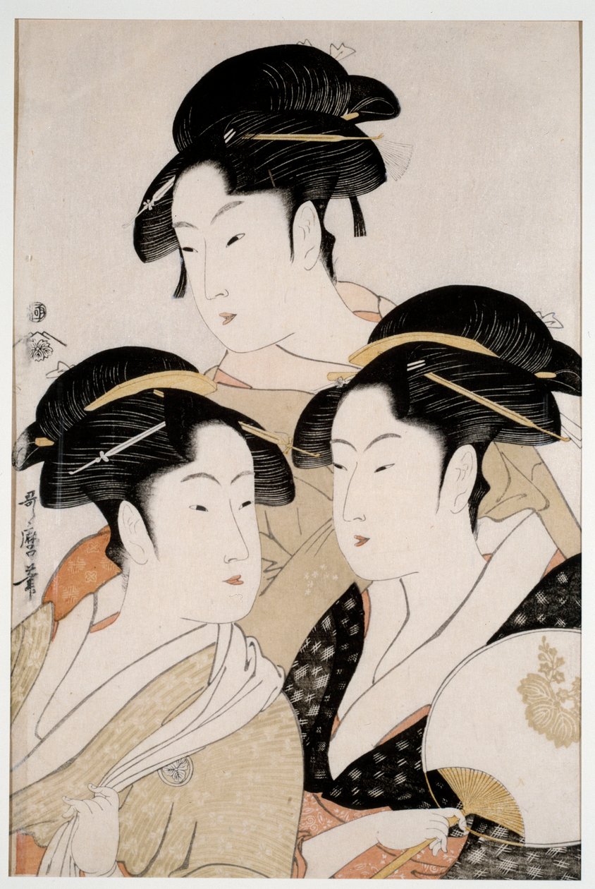 Korunk három gyönyörűsége. Japán nyomat Utamaro Kitagawa (1753 - 1806) Ukiyo-E stílusban, 1794 körül. Párizs, Musee Guimet alkotó: Kitagawa Utamaro
