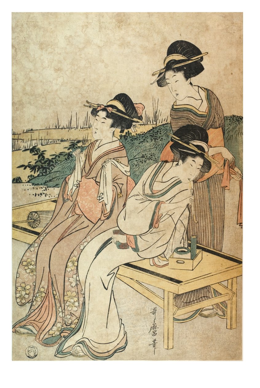 Három nő tájban, szabadidőben, 1800-1801 körül (fatömbnyomat papíron) alkotó: Kitagawa Utamaro