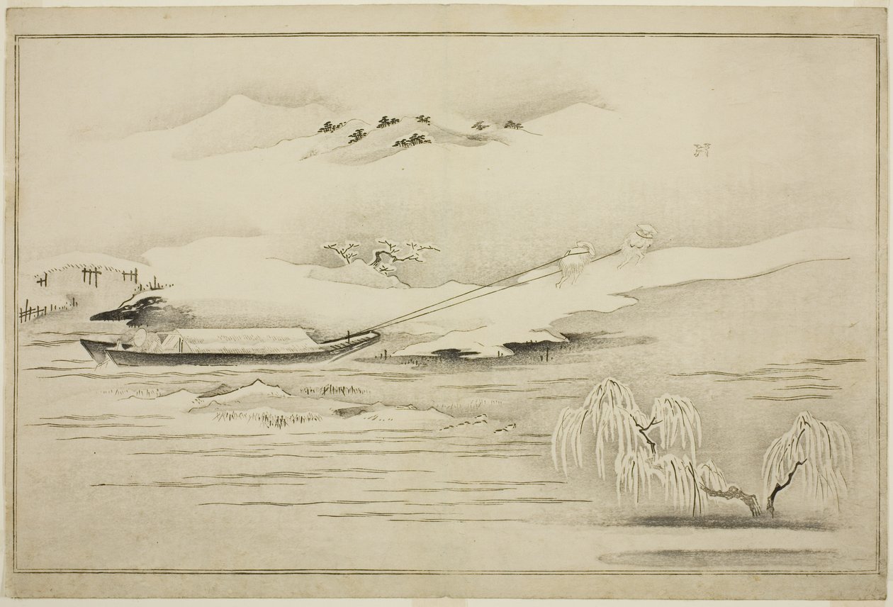 Bárka vontatása a hóban, a The Silver World albumról alkotó: Kitagawa Utamaro