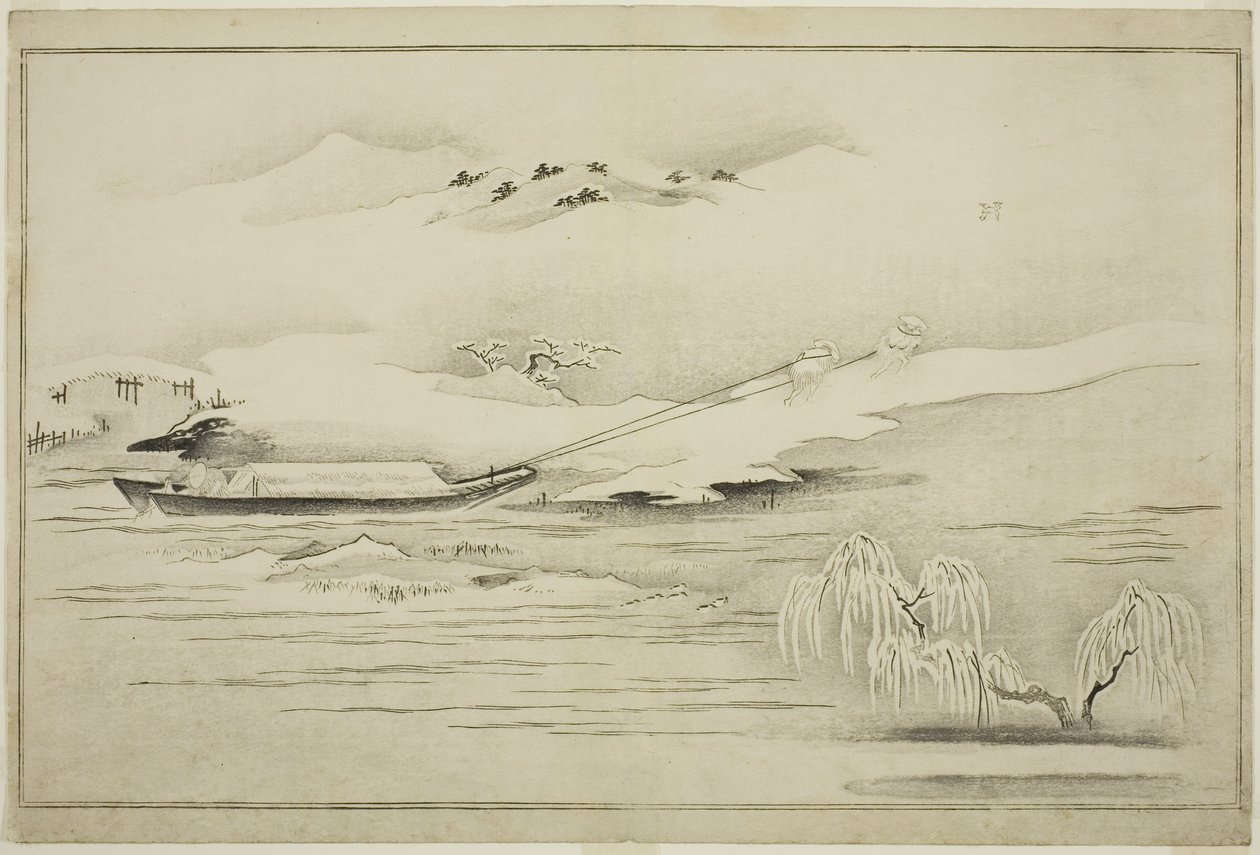 Bárka vontatása a hóban, a The Silver World albumról, 1790 alkotó: Kitagawa Utamaro