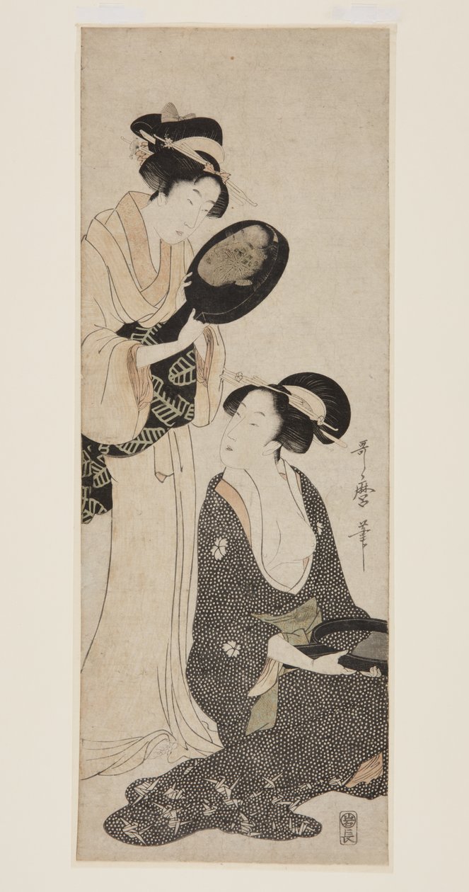 Két hölgy, mindegyik egy-egy lakkozott tükörrel (színes fatömbnyomat) alkotó: Kitagawa Utamaro