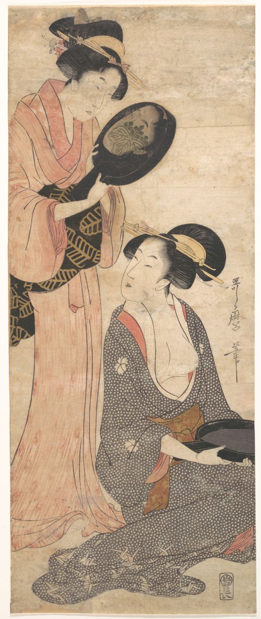 Két hölgy, mindegyikük egy lakkozott tükör egy részével alkotó: Kitagawa Utamaro