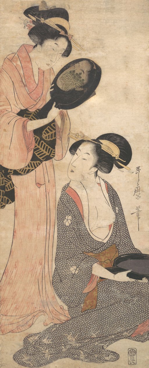 Két hölgy, mindegyik egy-egy lakkozott tükörrel, 1790-es évek. alkotó: Kitagawa Utamaro