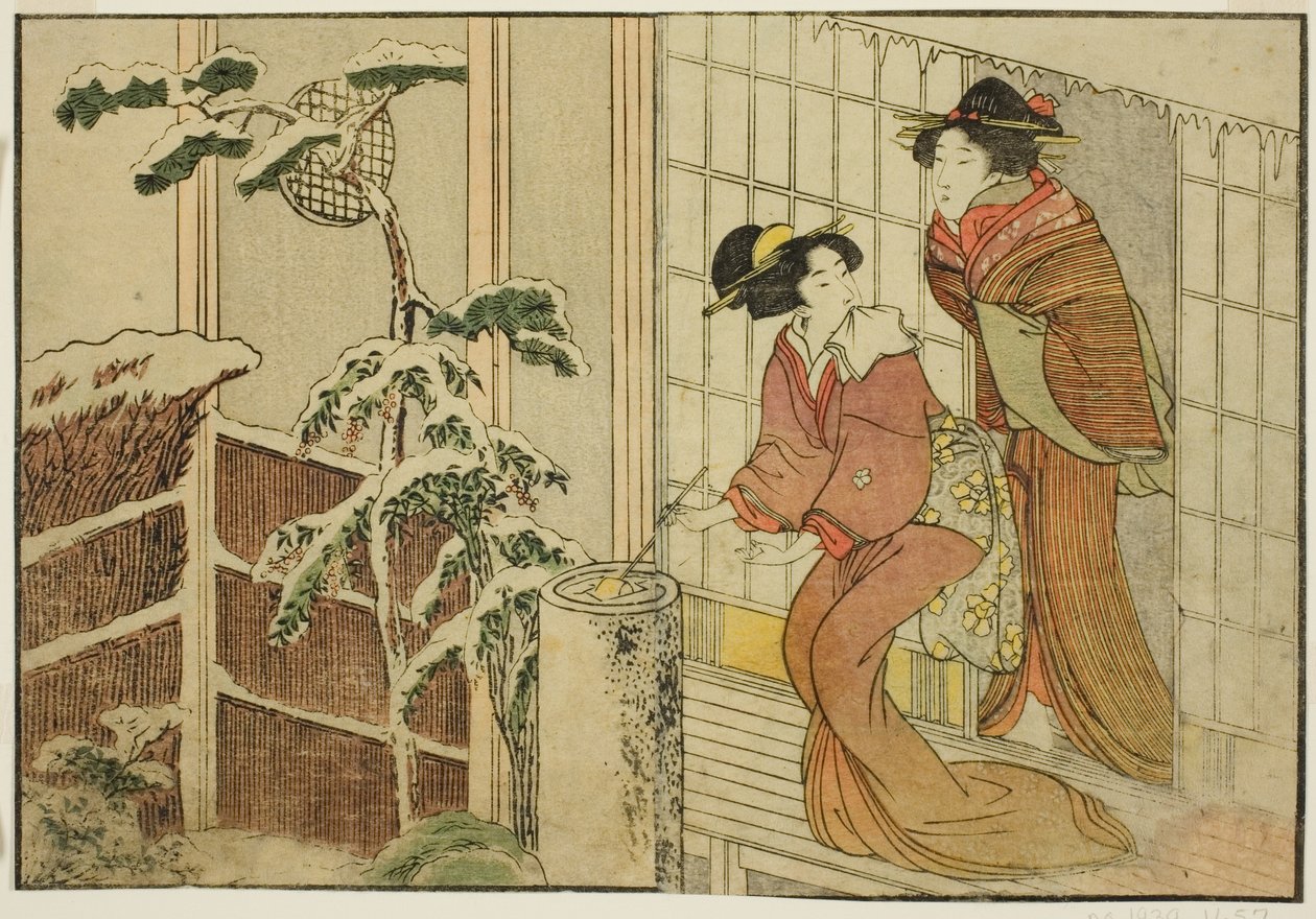 Két nő a verandán egy havas reggelen, a "Képeskönyv: A négy évszak virágai (Ehon shiki no hana)" című illusztrált könyvből. 2 alkotó: Kitagawa Utamaro