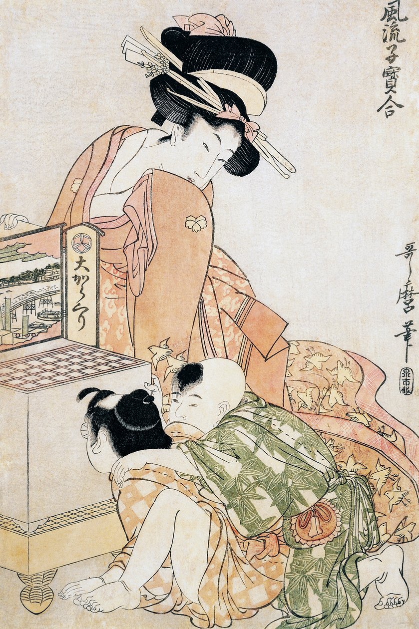 Két gyerek néz a nagy optikai dobozba alkotó: Kitagawa Utamaro