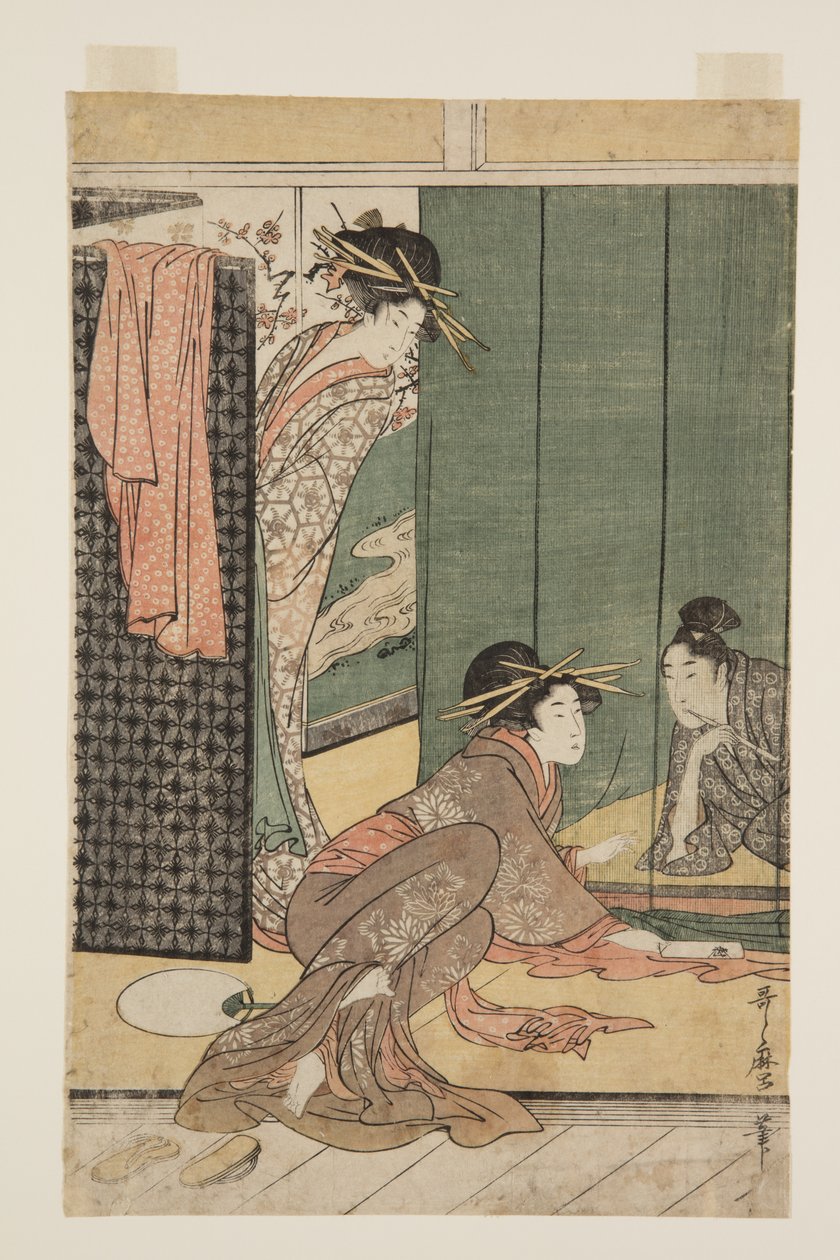 Két udvarhölgy és egy fiatal férfi szúnyogháló alatt (színes fatömbnyomat) alkotó: Kitagawa Utamaro
