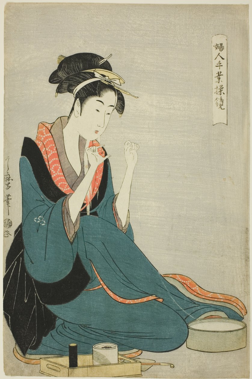 Kötőszál, a „Női kézművesség: Az ügyesség modelljei” sorozatból („Fujin tewaza ayatsuri kagami”) alkotó: Kitagawa Utamaro