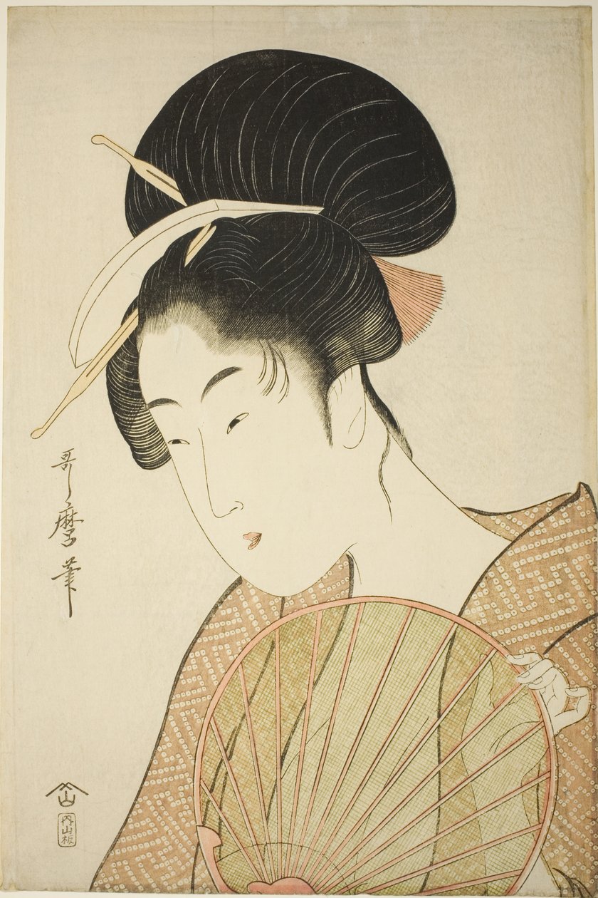 Nő, aki egy kerek legyezőt tart alkotó: Kitagawa Utamaro