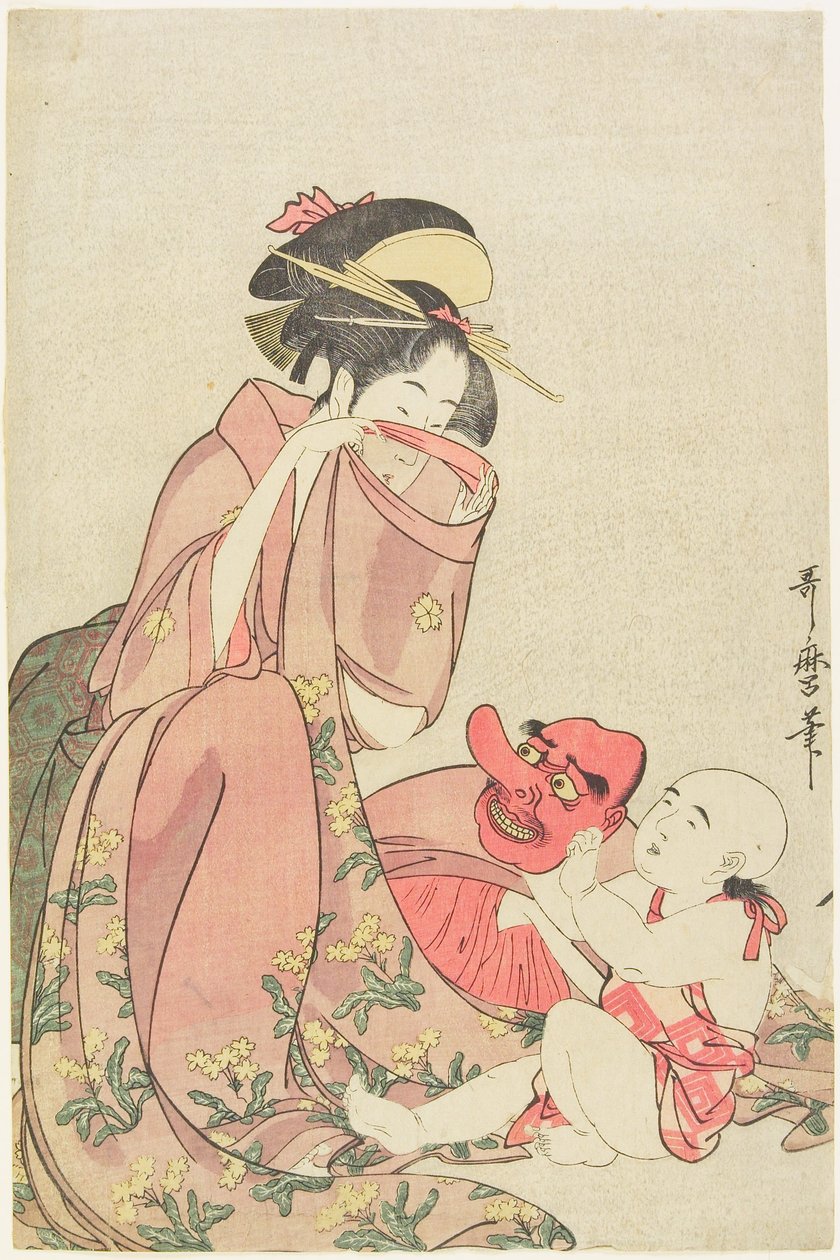 Nő, aki egy tengu-álarcot viselő gyermekkel játszik alkotó: Kitagawa Utamaro