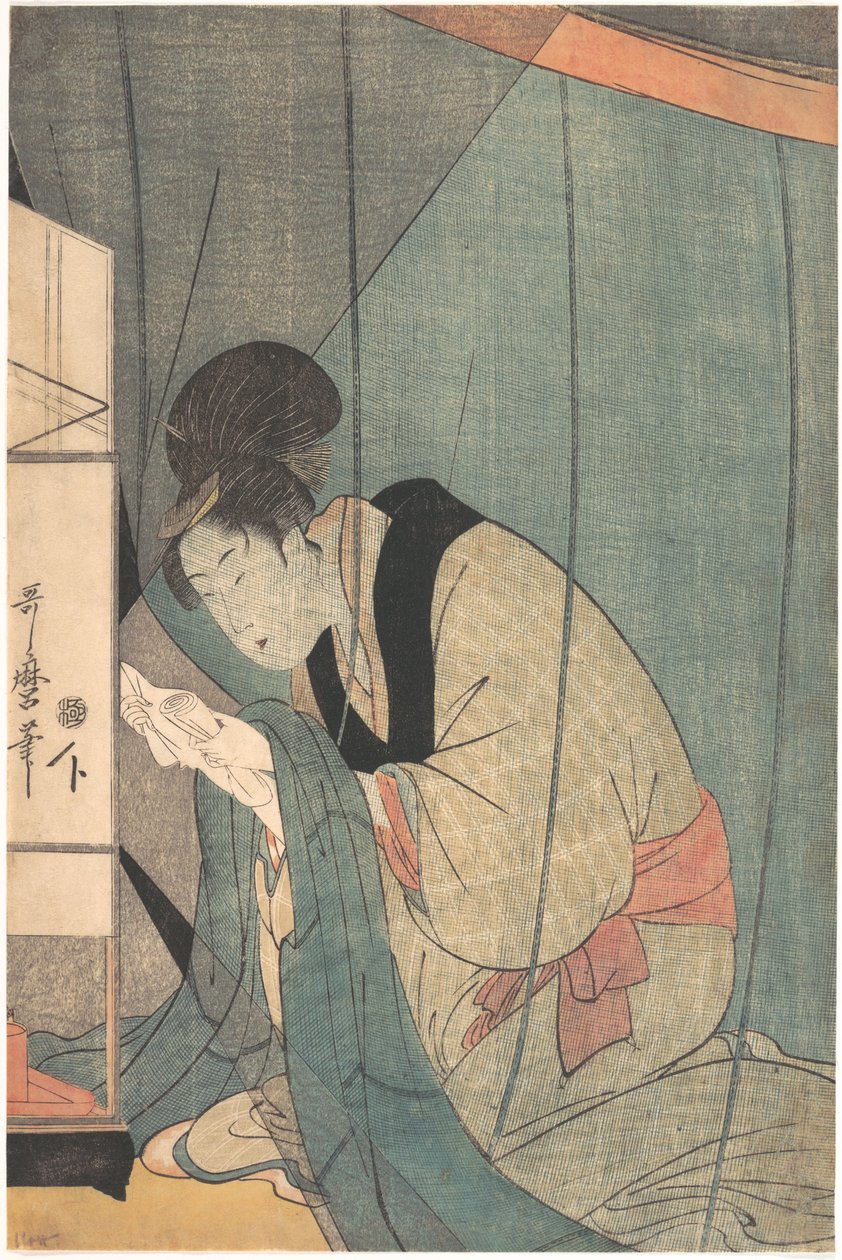 Szúnyogháló alatt levelet olvasó nő alkotó: Kitagawa Utamaro