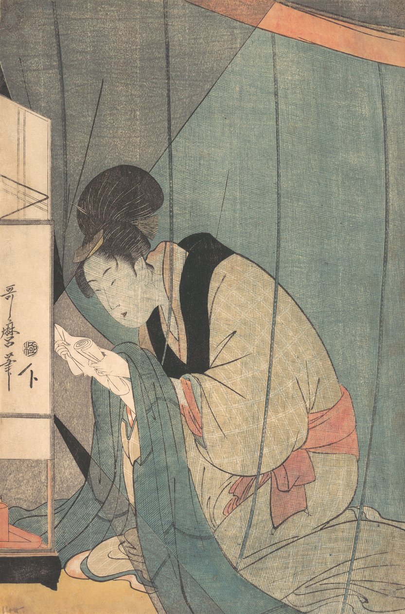 Nő levelet olvas szúnyogháló alatt, kb. 1798. alkotó: Kitagawa Utamaro