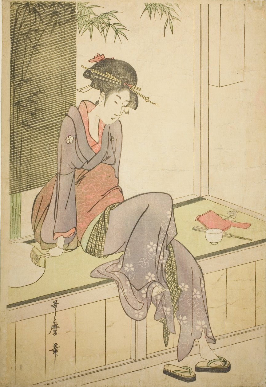 Nő ül a verandán alkotó: Kitagawa Utamaro