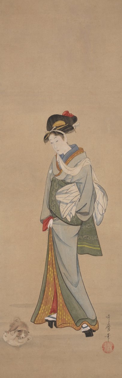 Nő kiskutyákkal alkotó: Kitagawa Utamaro