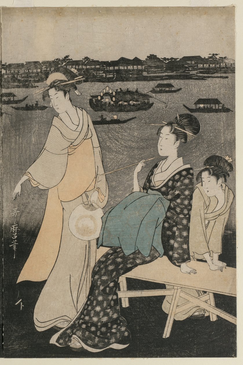 Az esti hűvösséget élvező nők a Ryogoku híd közelében alkotó: Kitagawa Utamaro