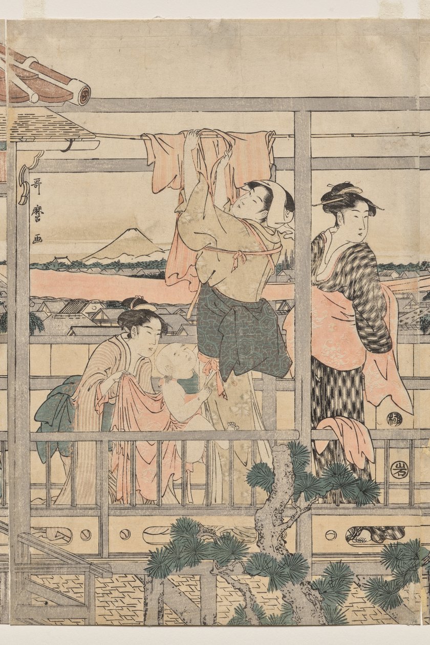 Női ruhaneműt akasztanak szárításra az erkélyen alkotó: Kitagawa Utamaro