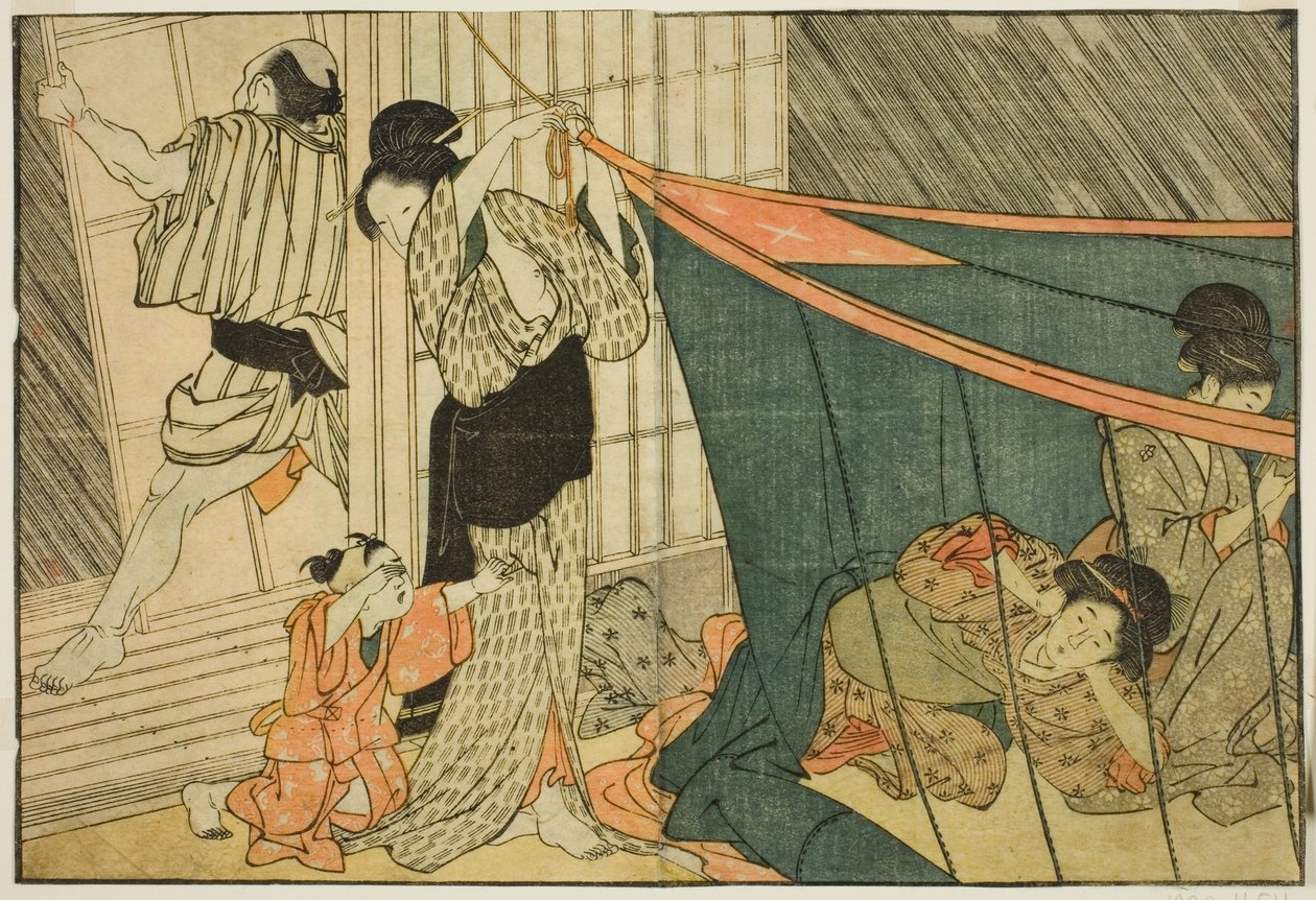 Nők a szúnyoghálóban vihar idején, a "Képeskönyv: A négy évszak virágai (Ehon shiki no hana)" című illusztrált könyvből. 1 alkotó: Kitagawa Utamaro