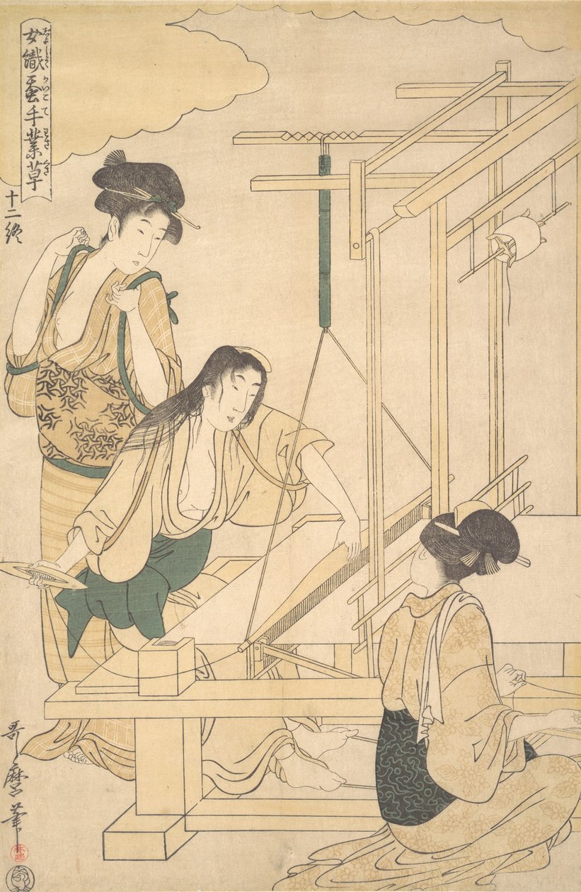 Selyemszövetet szövő nők, kb. 1800. alkotó: Kitagawa Utamaro