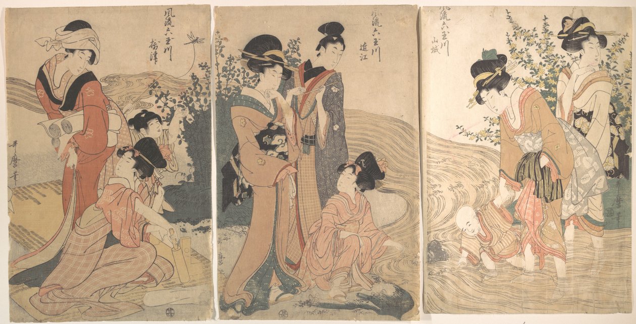 Nők és gyermekek egy patak partján alkotó: Kitagawa Utamaro